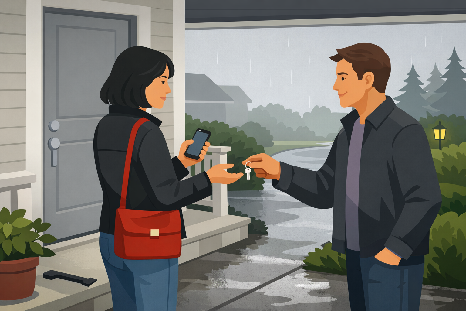 Illustrative Salem lockout scene with a trusted person offering a spare key at an undamaged residential entrance.