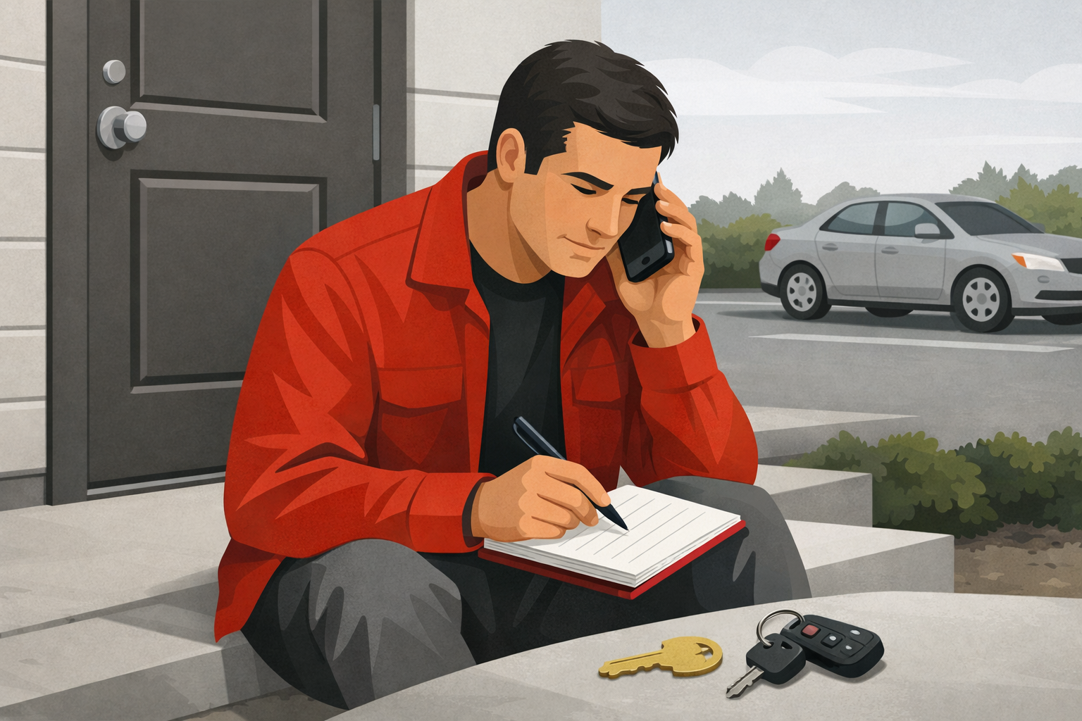Illustrative caller gathers location, key, and lockout details beside a Salem apartment entrance before requesting help.