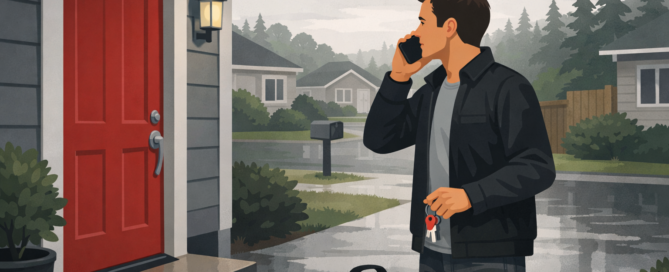 Illustrative adult stands safely outside a locked Salem home with keys and phone while considering what to do next.